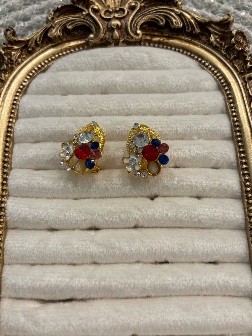 Vintage Gold-Tone Multicolor Crystal Floral Stud Earrings - Women Jewelry